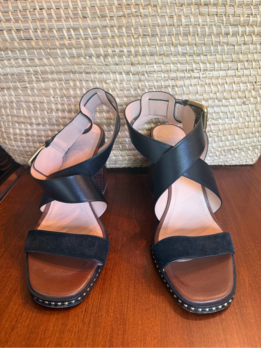 Coach Black Leather & Suede Block Heel Sandals with Gold Buckle - Picture 4 of 6